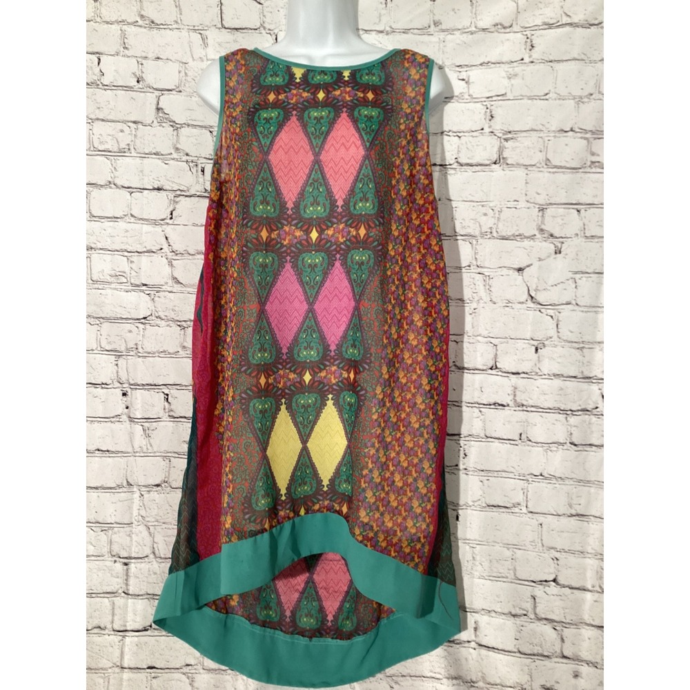 Love 21 Teal Magenta Geometric Floral High Low Shift Dress with Slip Small